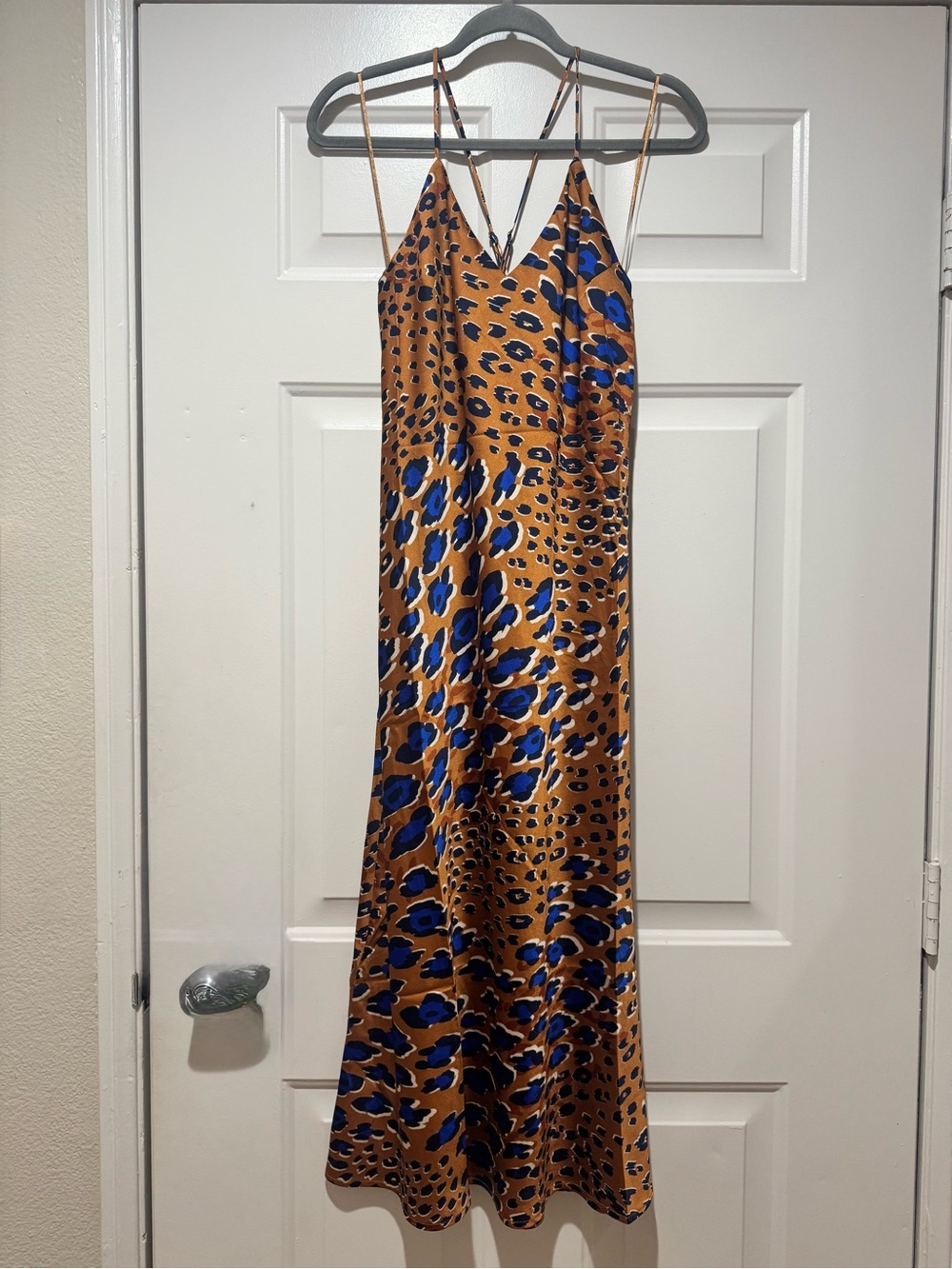 lovestitch Blue and Tan Leopard-Print Slip Midi Dress
